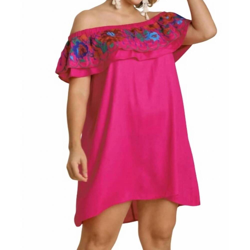 NEW UMGEE floral embroidered ruffled dress in fuchsia